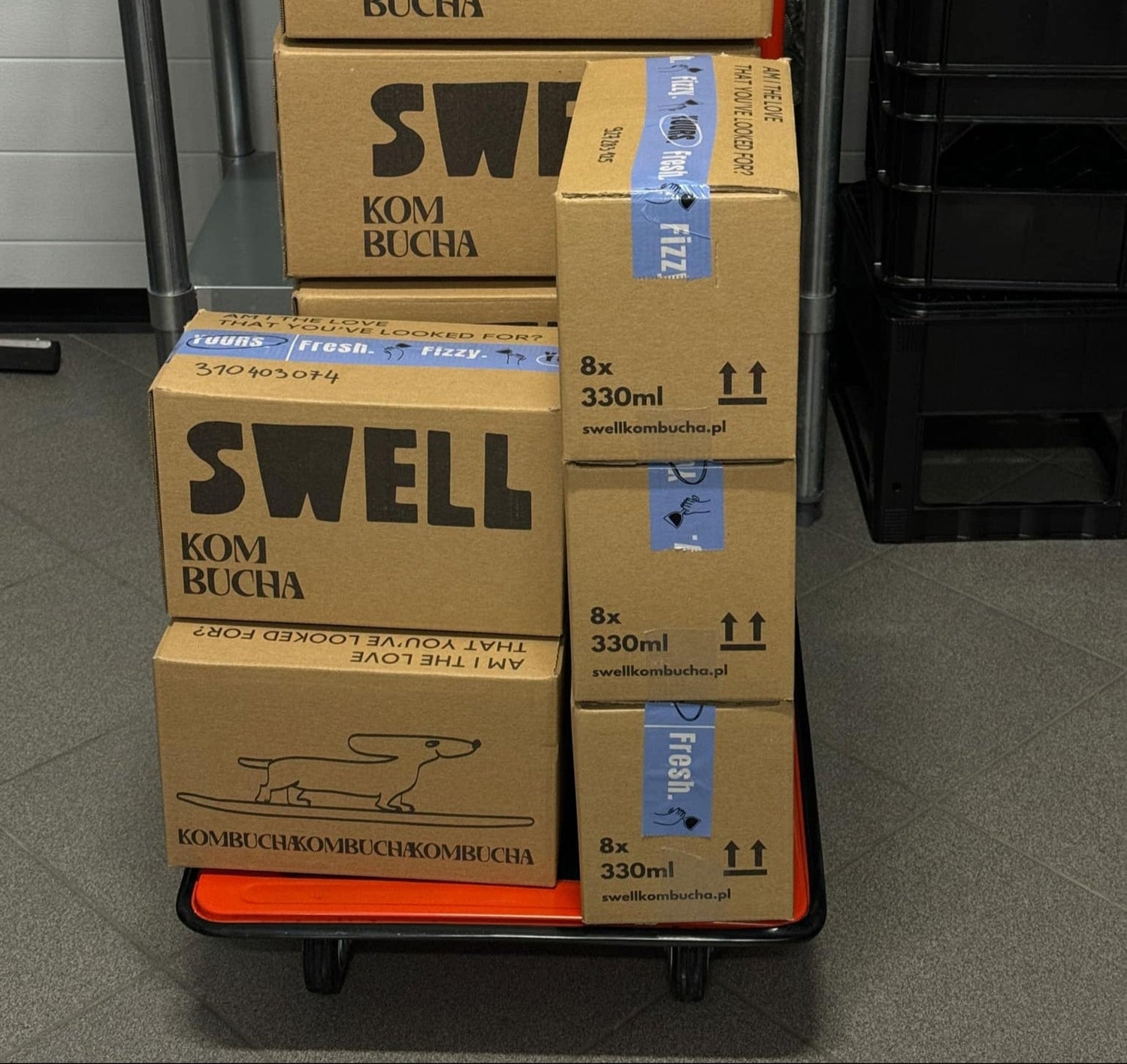 Zdjęcie spakowanych kartonów z logiem Swell na wózku transportowym 